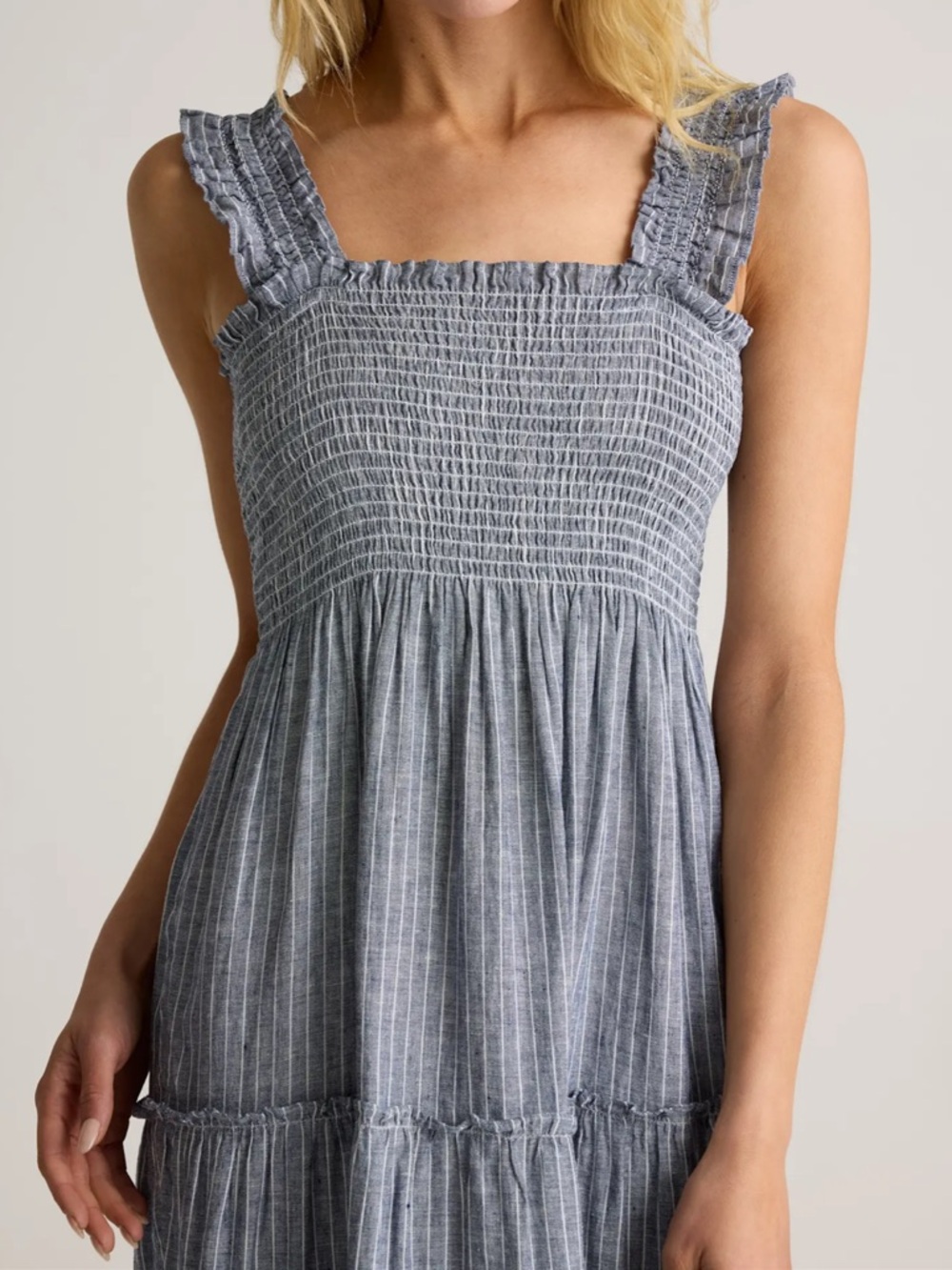 Quince Blue Striped Smocked Linen Midi Dress - Picture 6 of 10